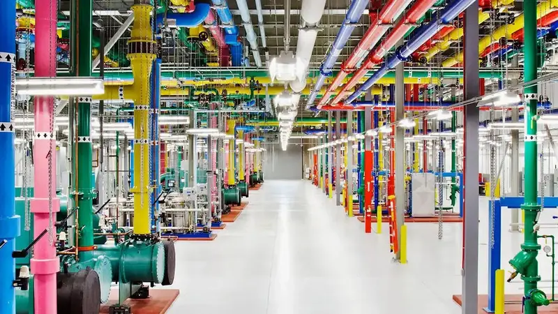 Pumps and brightly colored cooling pipes inside a Google datacenter.