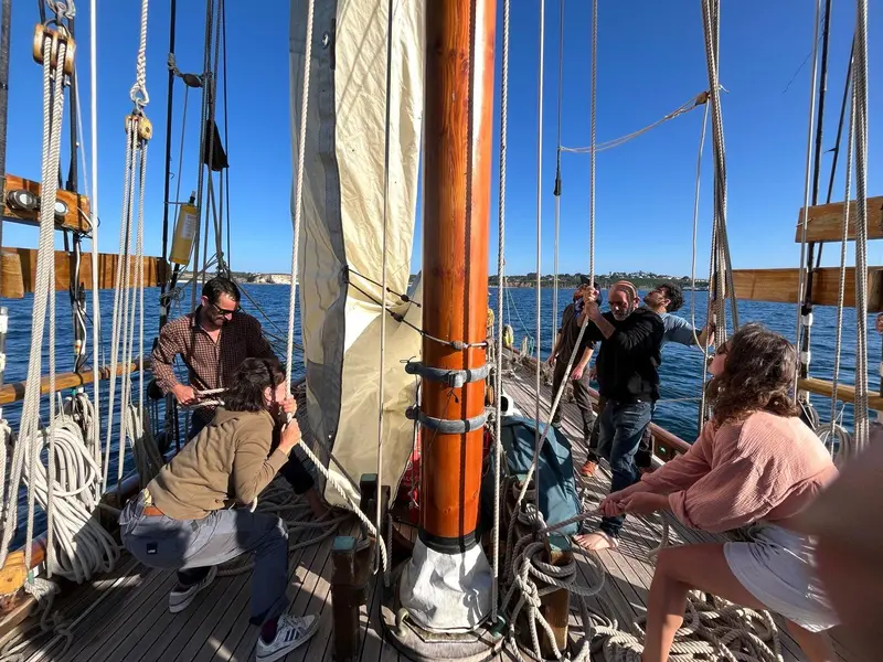 Crew handling the rigging aboard Pegasus.